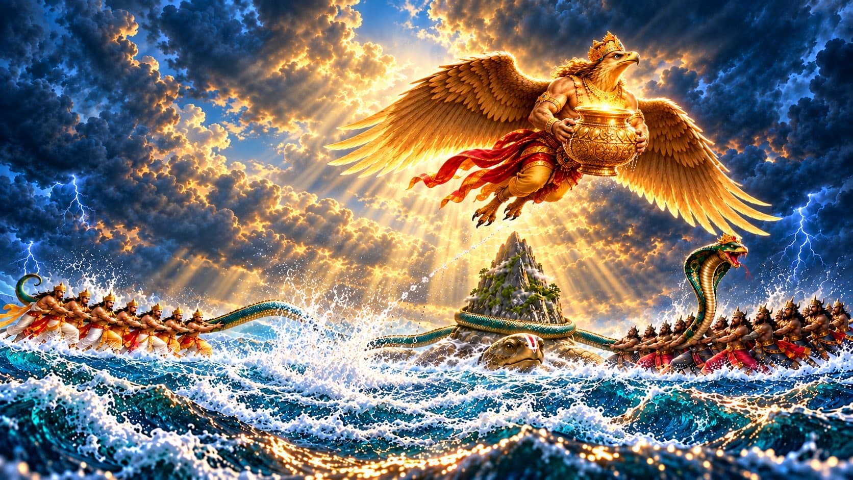 Illustrated Garuda carrying the sacred Kumbh above the Samudra Manthan