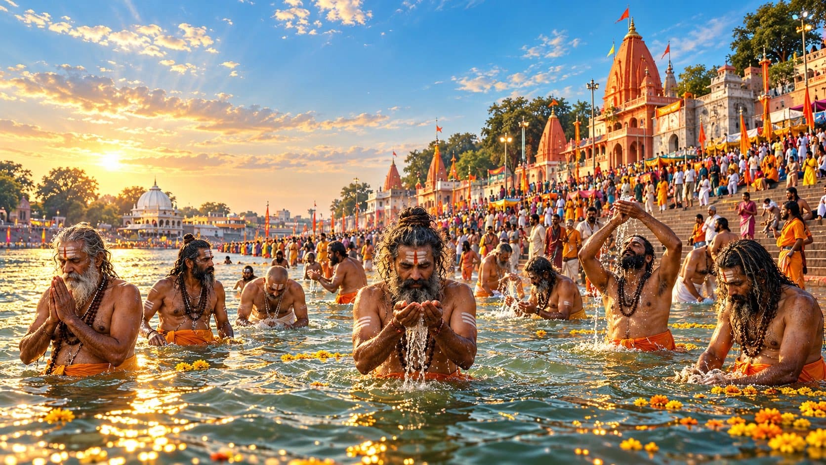 Illustration of devotees offering prayers in the river at sunrise